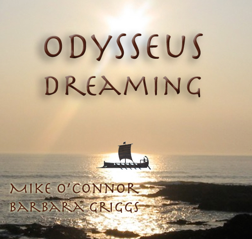 Sunset sea with Odysseus ship sailing across.